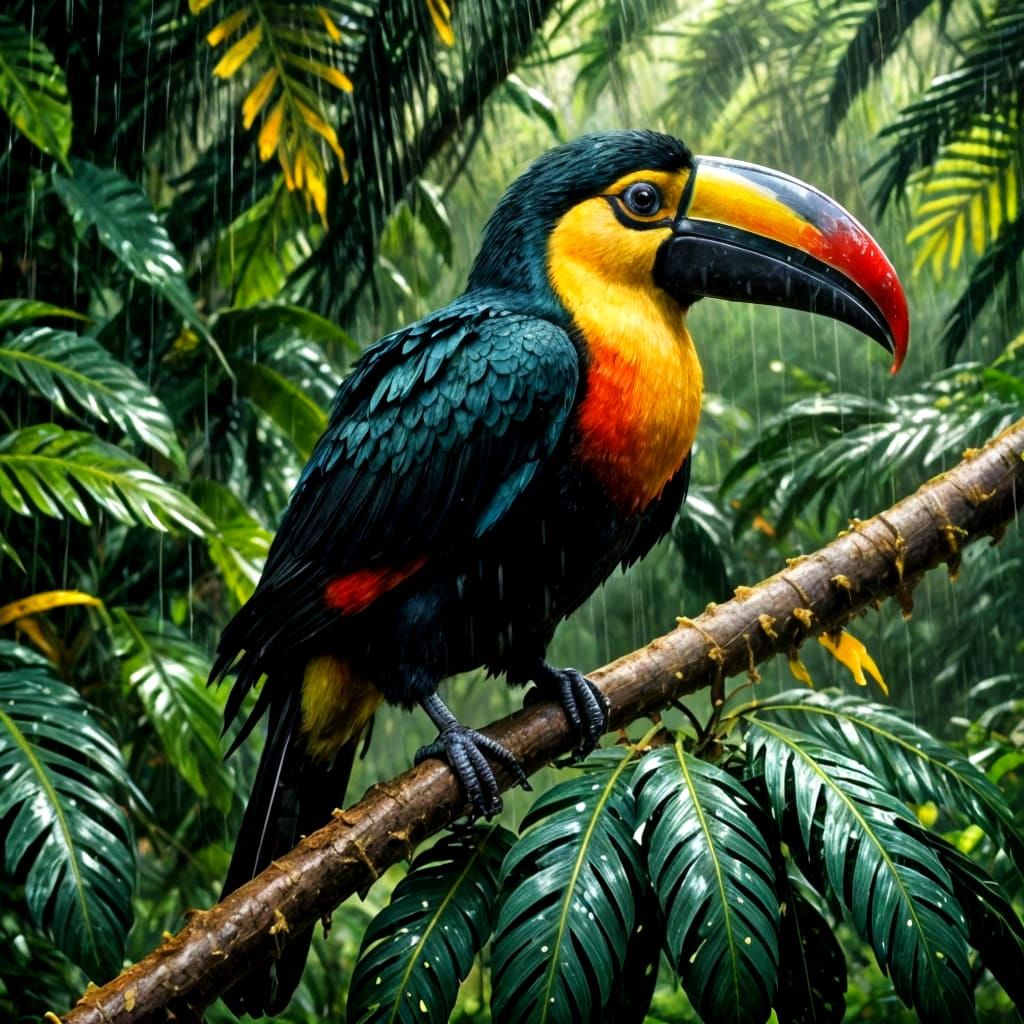Toucan in Lush Rainforest: Impasto Style