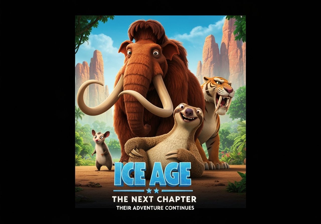 Ice Age Movie Poster with Mammoth, Sloth and Tiger