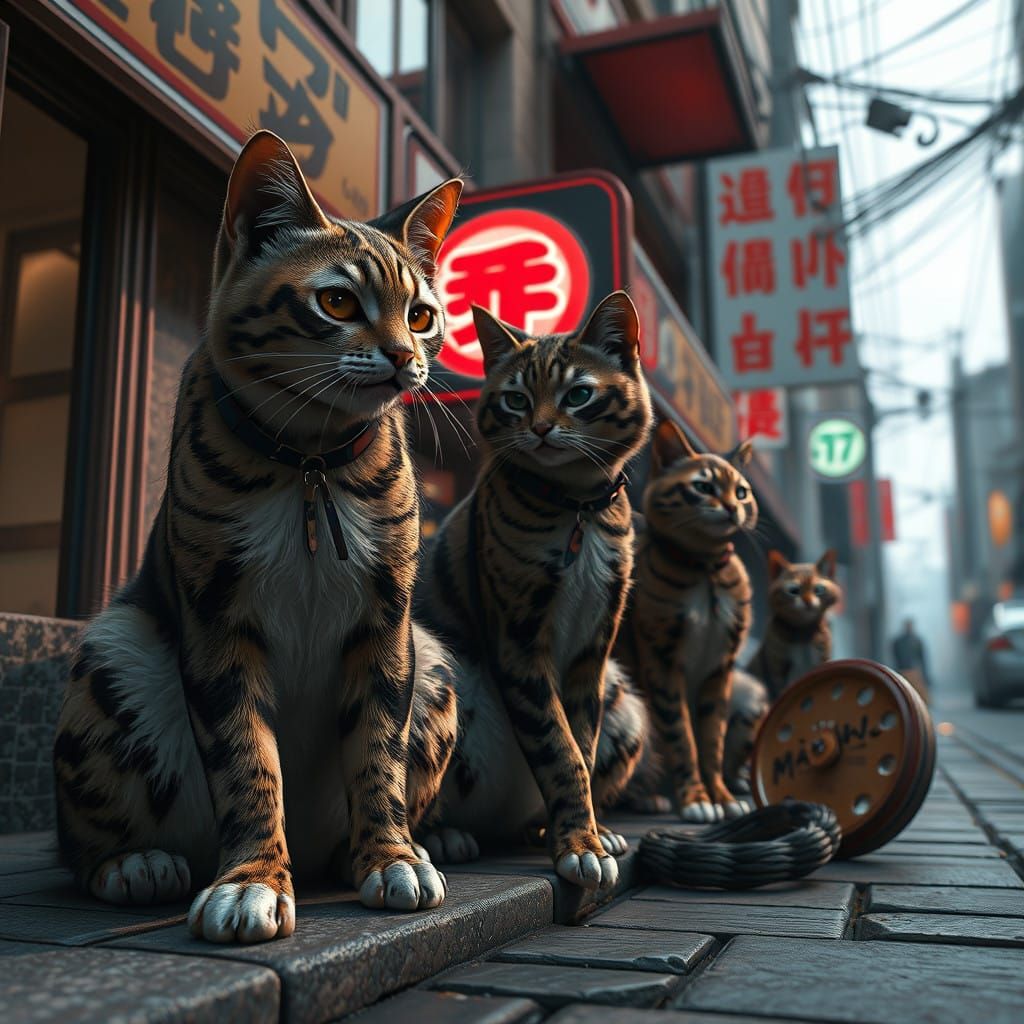 Anime-Inspired Cats Roam a Futuristic City Street