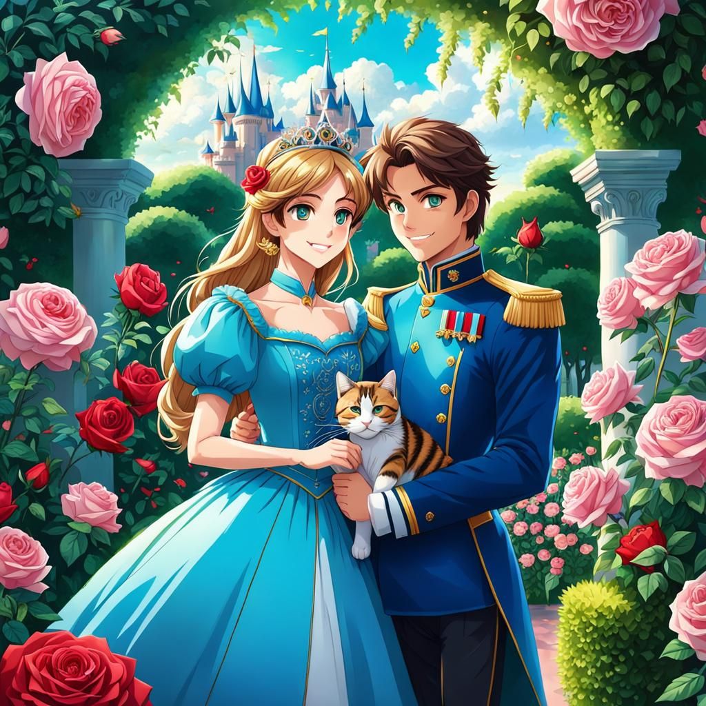 Anime Princess and Prince in Red Rose Garden