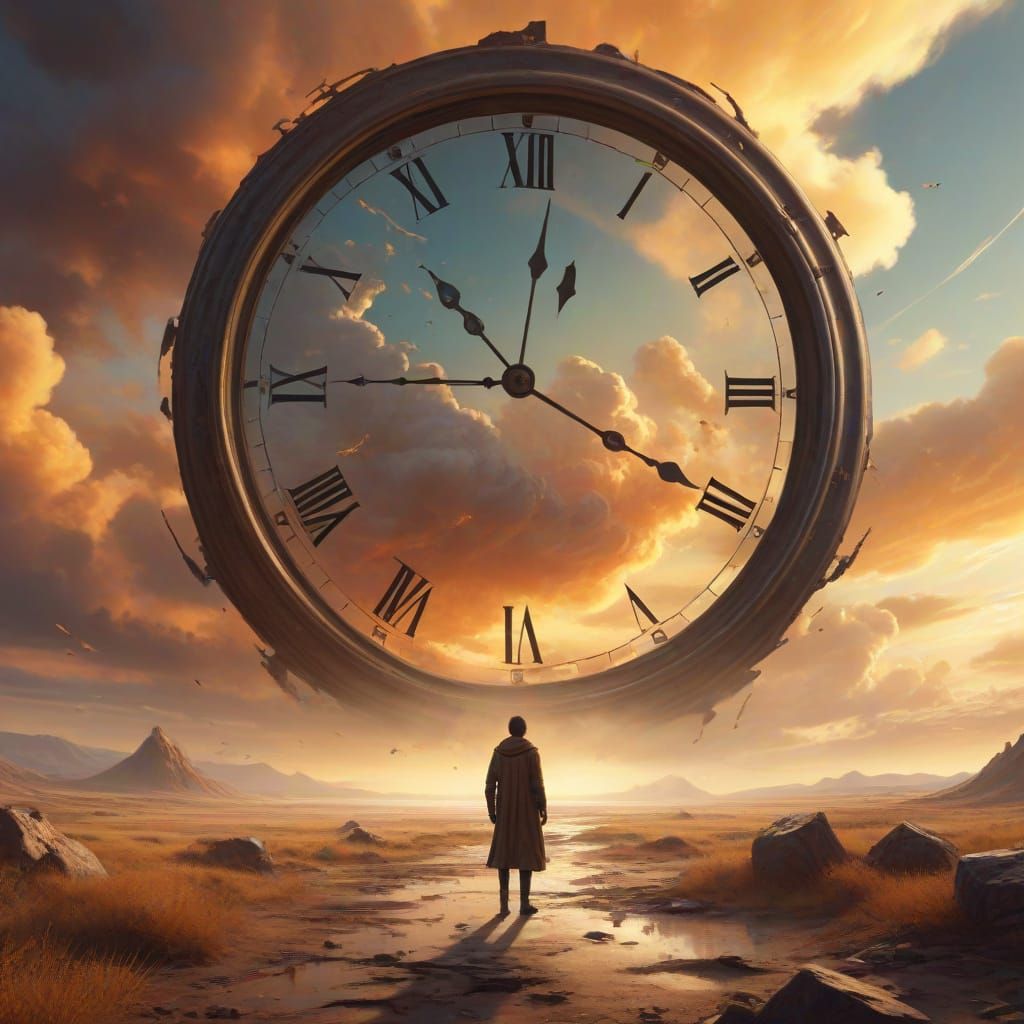 Surreal Desert Landscape with Shattered Clock