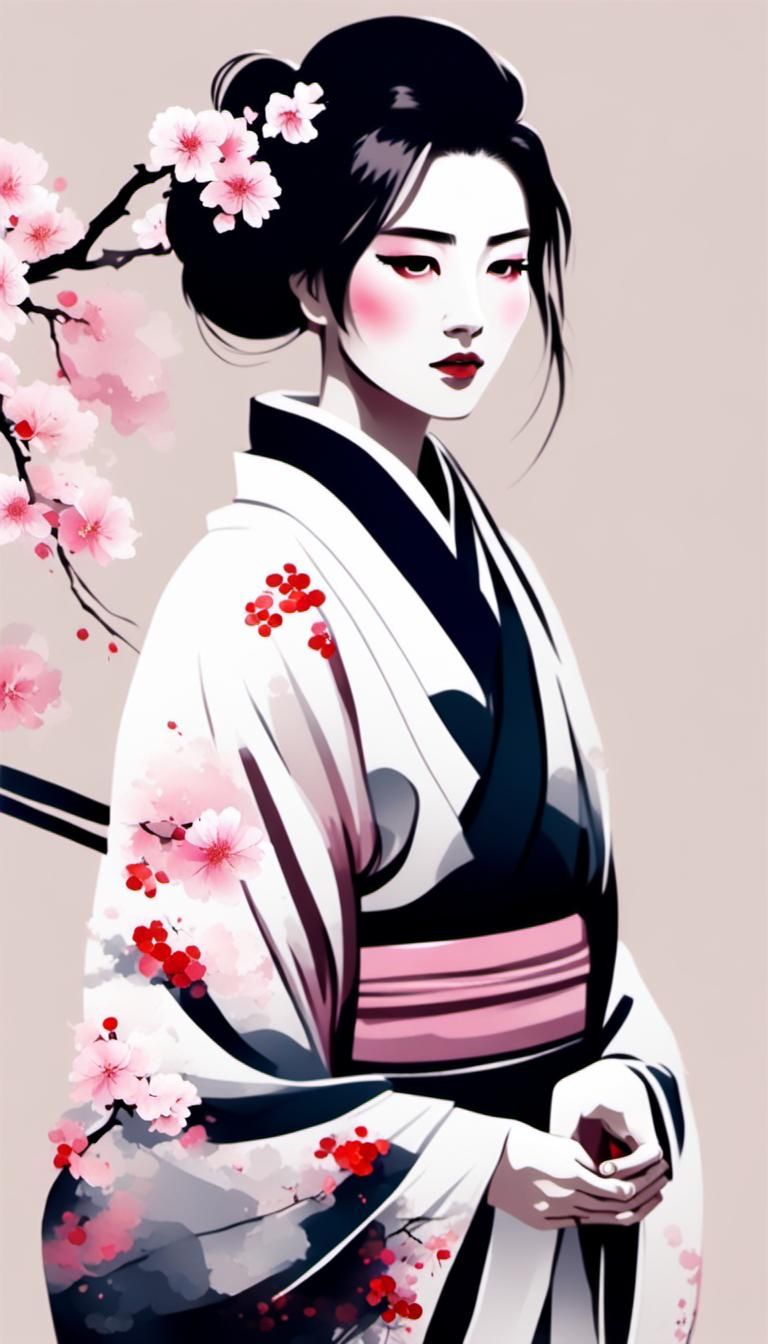 Kimono Girl in Pink Sakura: Chinese Ink Painting