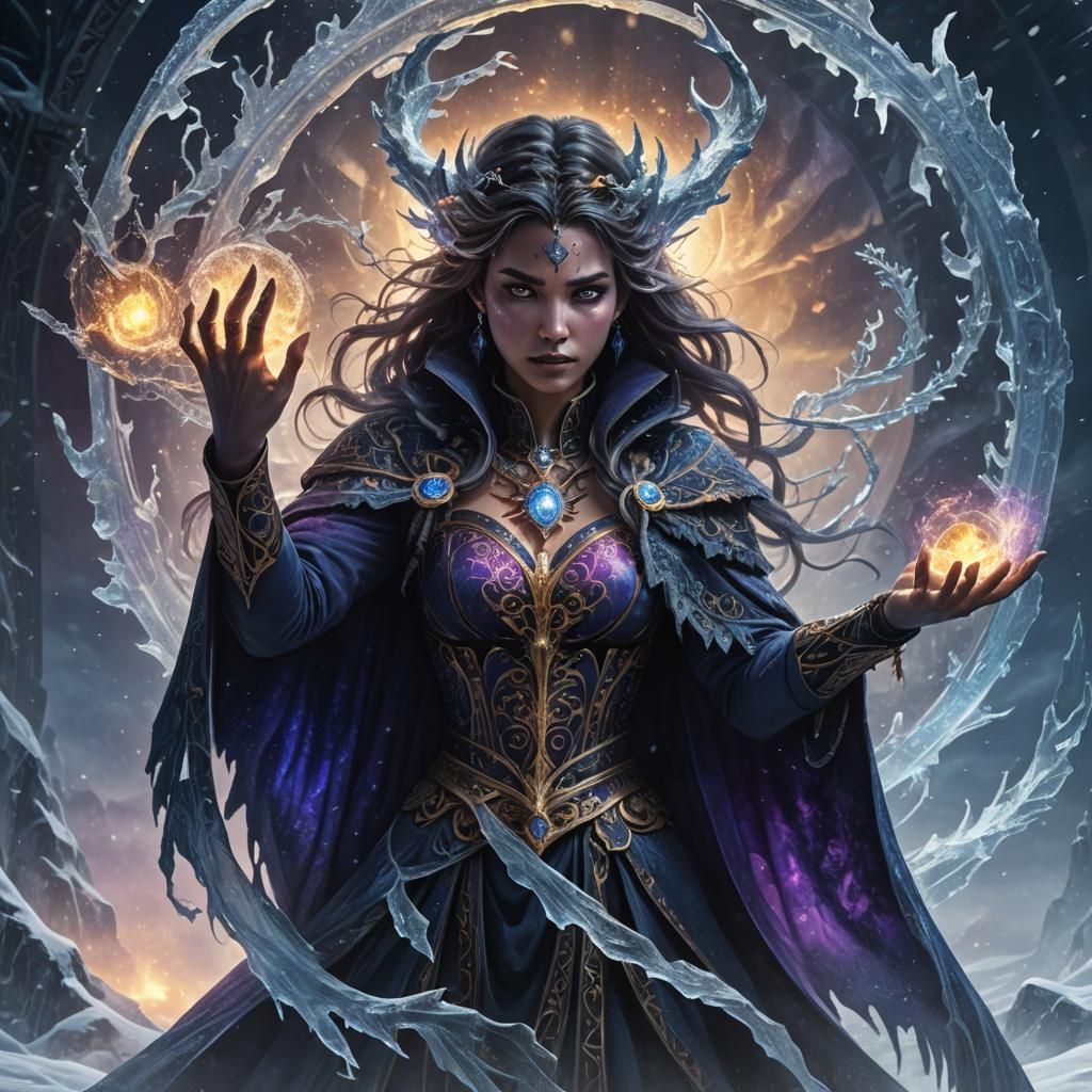 Evil She-Demon Casting Winter Spell on Frozen World