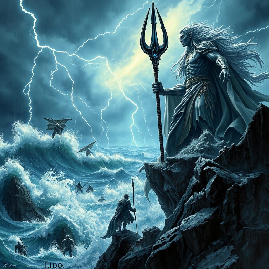 Majestic Celtic God of the Sea in Epic Stormy Battle