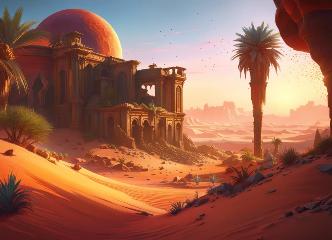 Desert Oasis Sunset with Sci-Fi Ruins