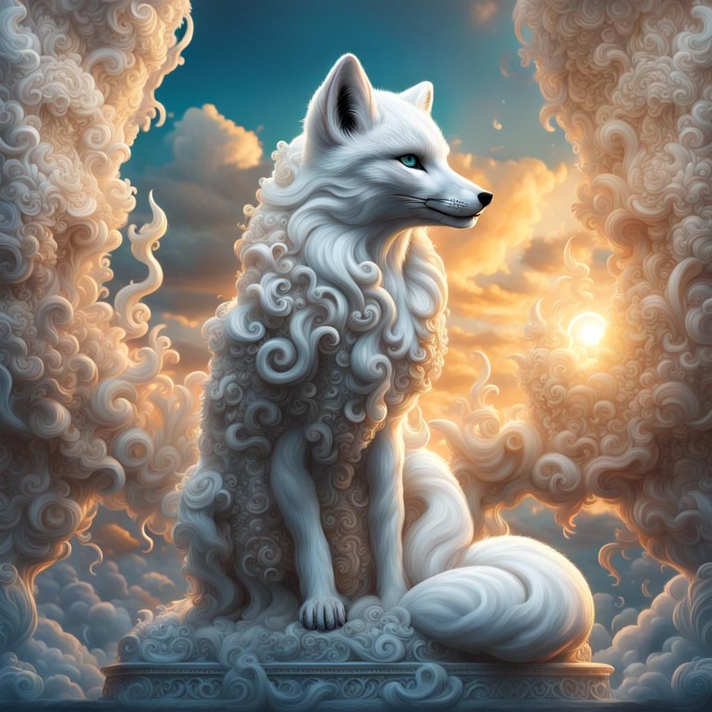 Arctic Fox on Cloud Statue at Sunset