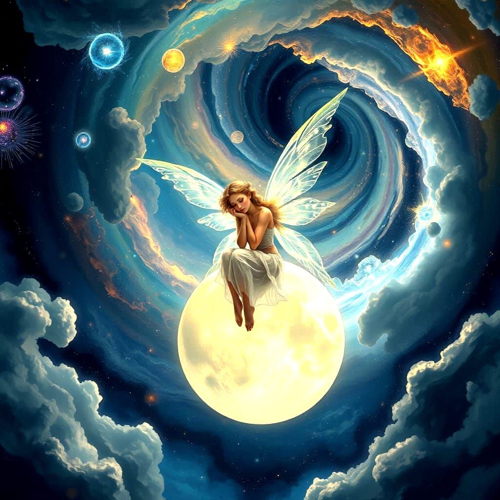 Whispering Lunar Fairy Amidst Celestial Vortex in Digital Pa...