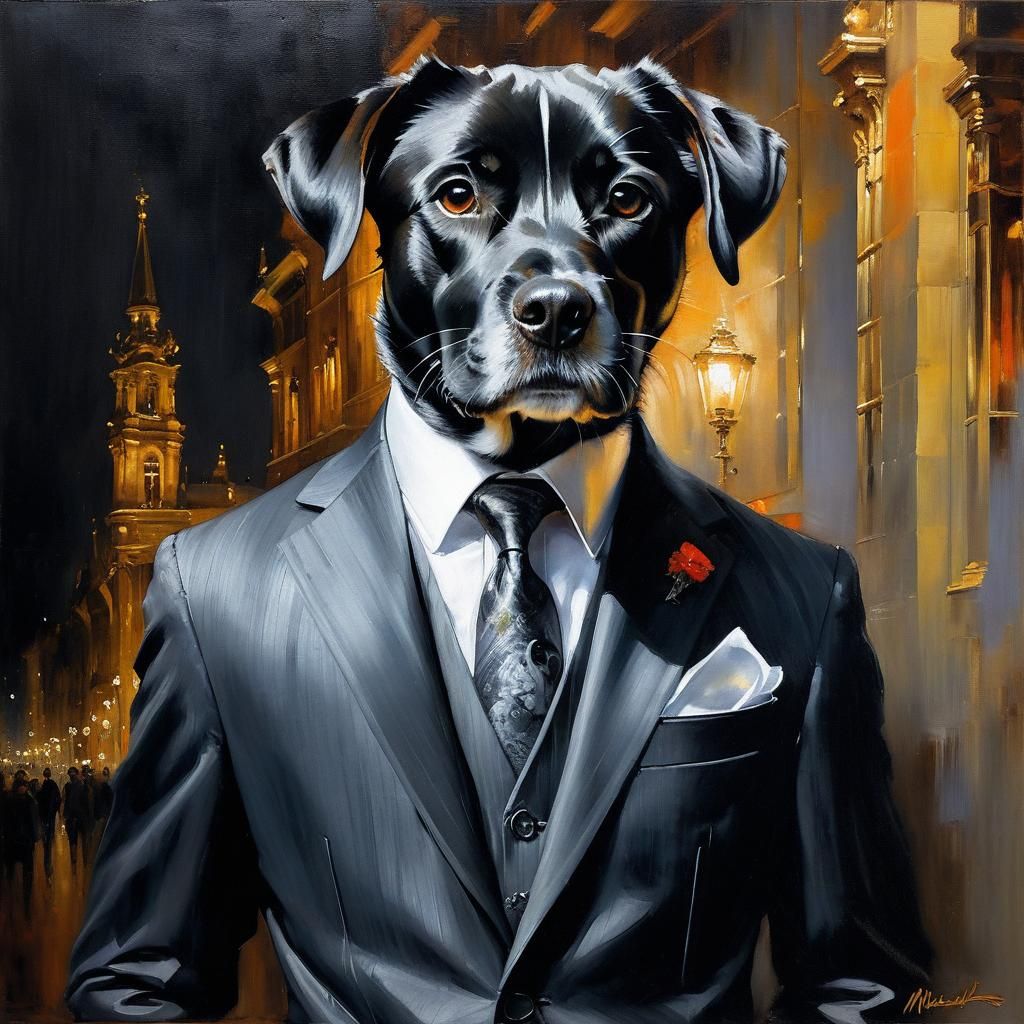 Anthropomorphic Dog in Suit, Brushed Charcoal Style