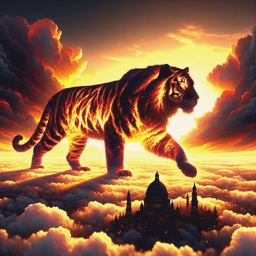 Majestic Flame Tiger Emerging from Sunset over a Dark City