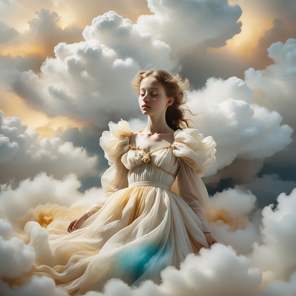 Ethereal Child Floats in Dreamy Pastel Cloudscape
