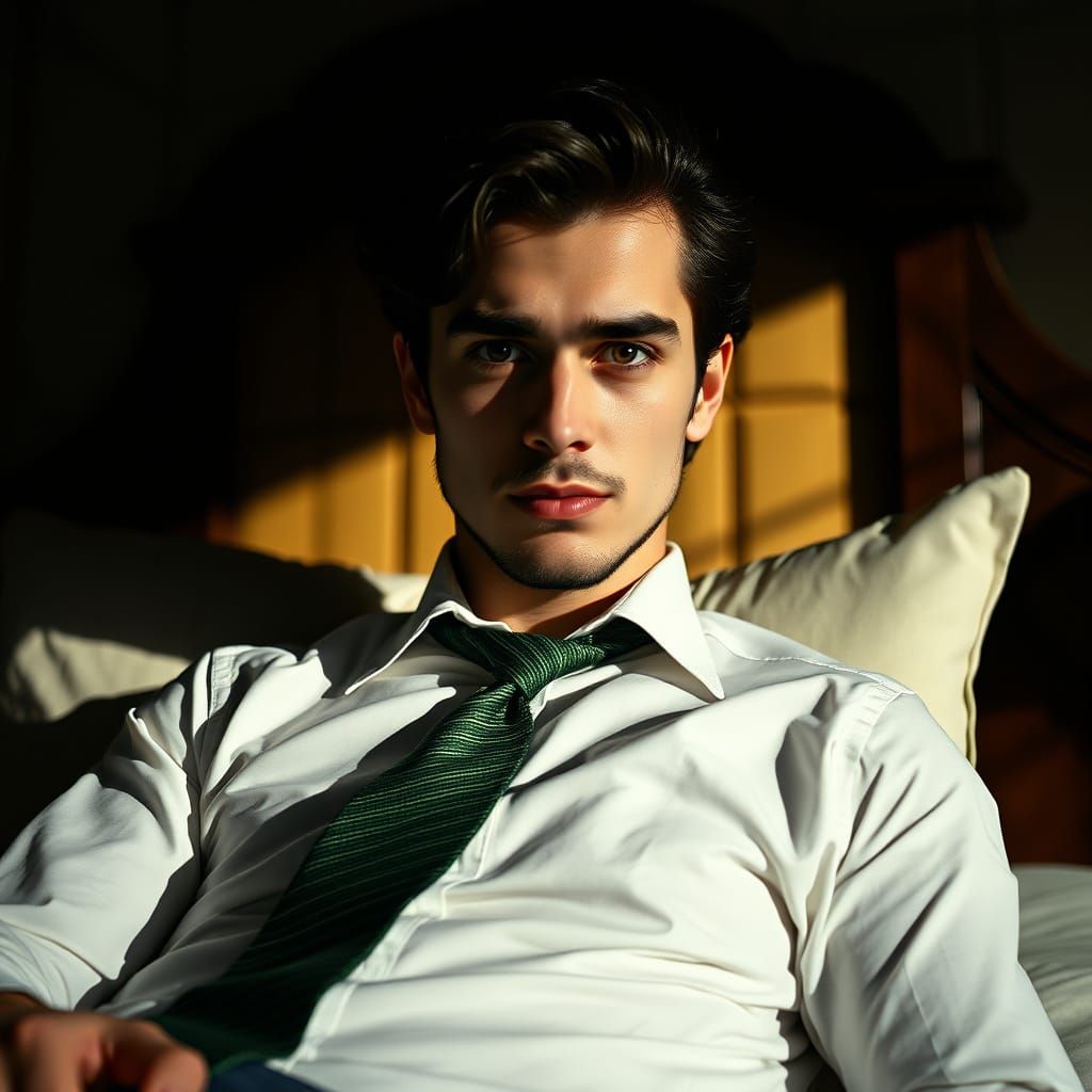 Handsome Young Man in Luxurious Dark Academia Setting