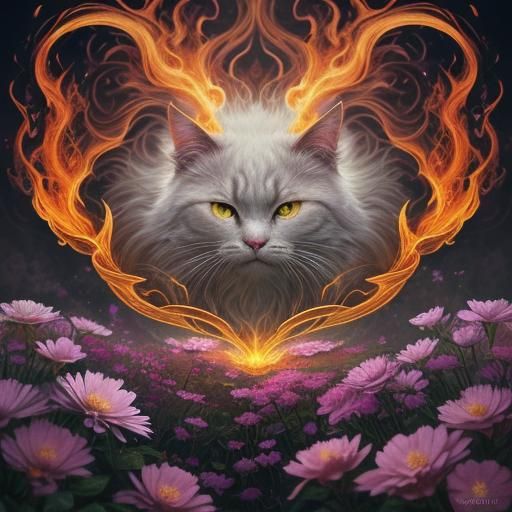 Mystical Spirit Cat in Floral Flames: Digital Art