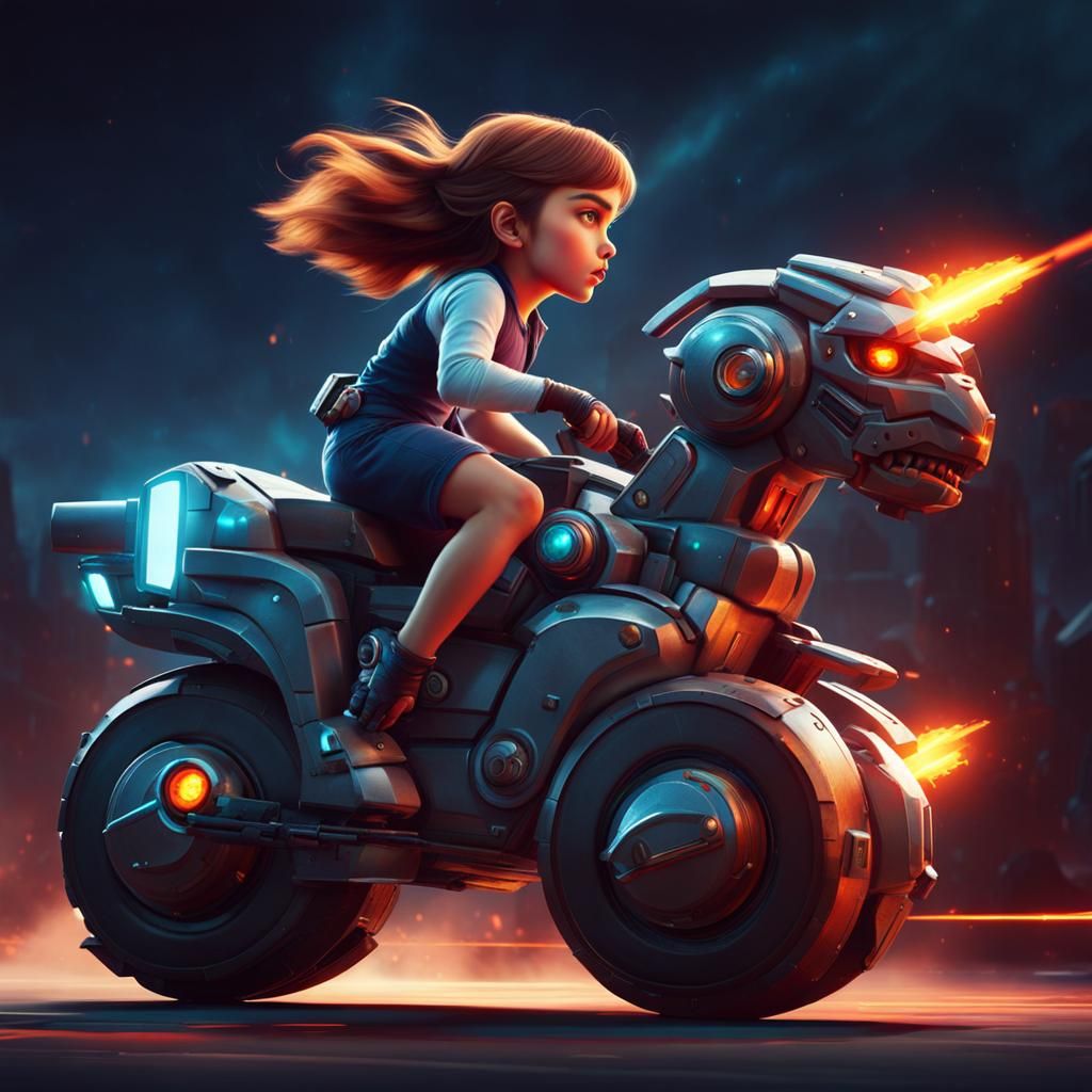 Girl Rides Mecha Warrior in Pixar Style