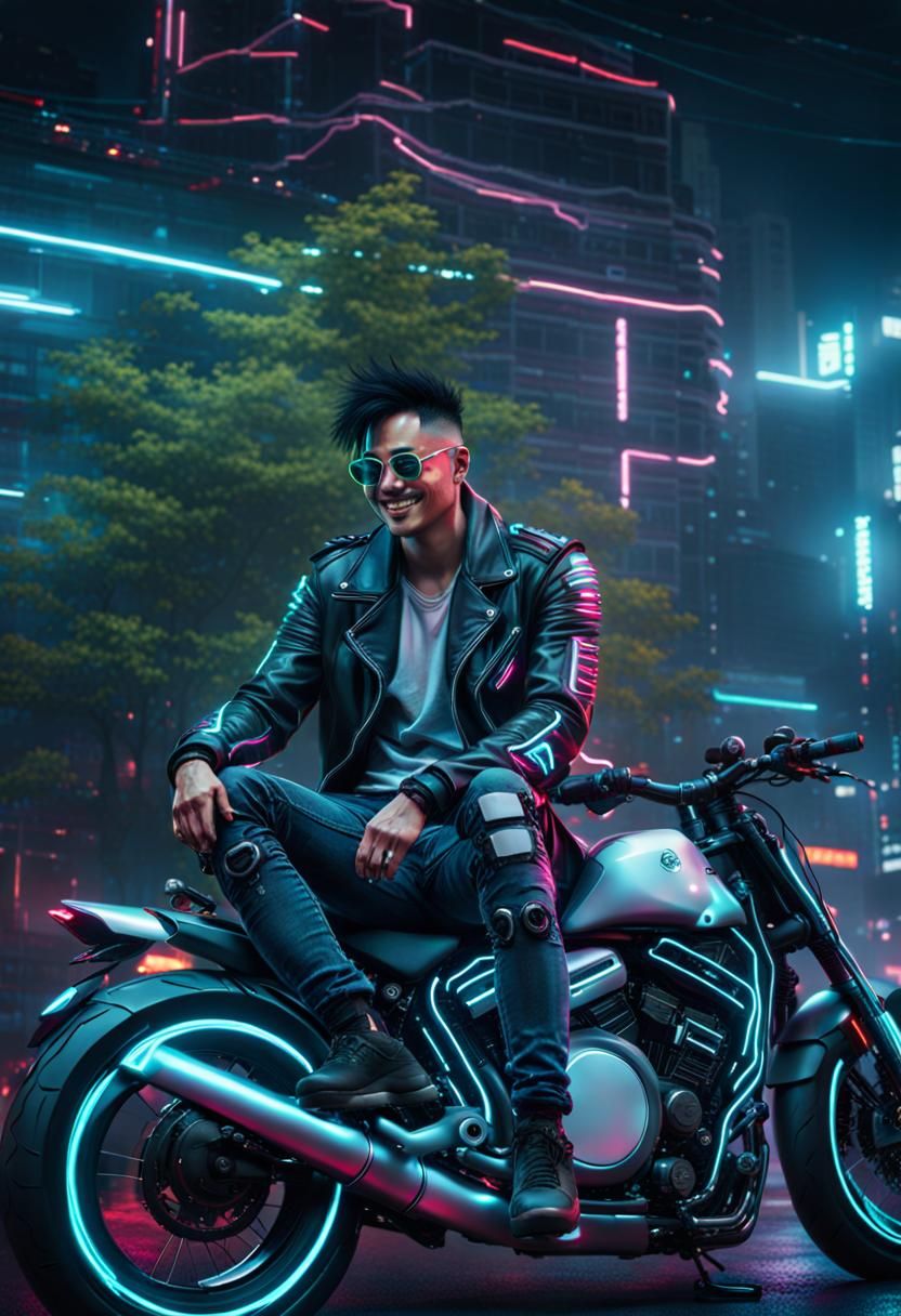 Cyberpunk Bikerider on Super Speed Bike in Neon City