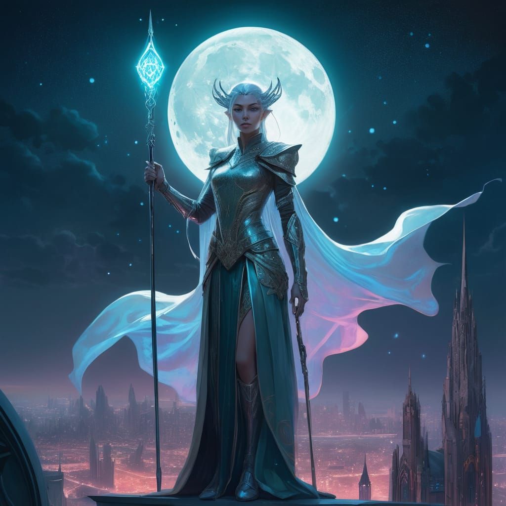 Elven Queen in Cyberpunk City, Art Nouveau Style
