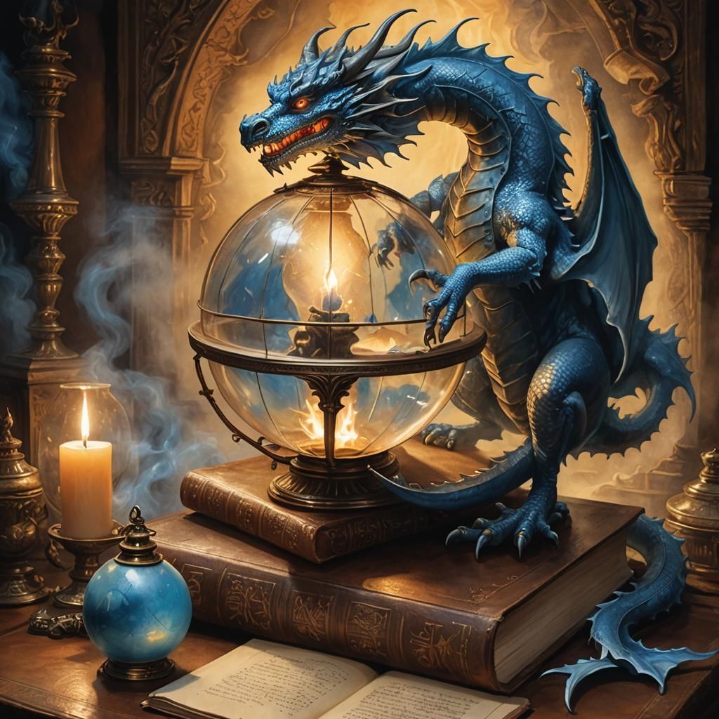 Glowing Globe Dragon Still Life in Watercolor Style