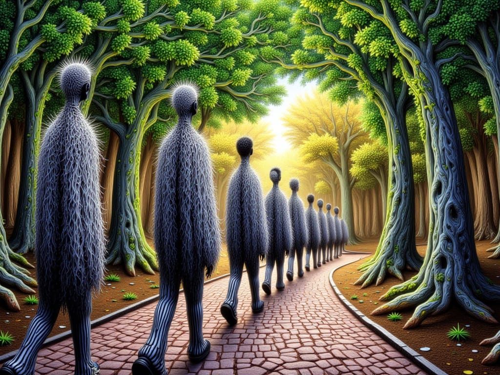 Striped Tree People Parade in Polychromatic Dreamscape