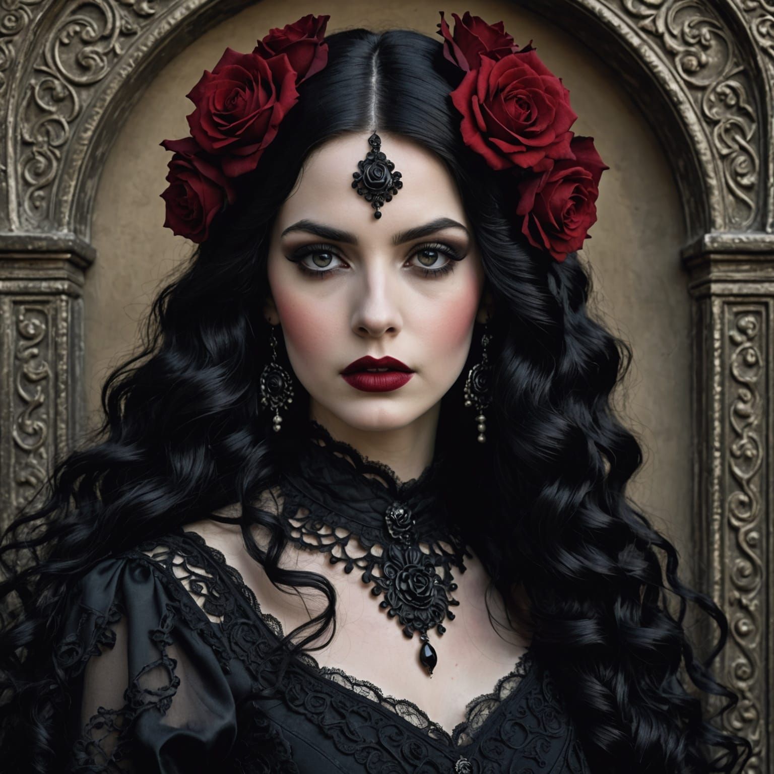 Flamenco Gothic Girl Portrait with Black Rose Mantilla