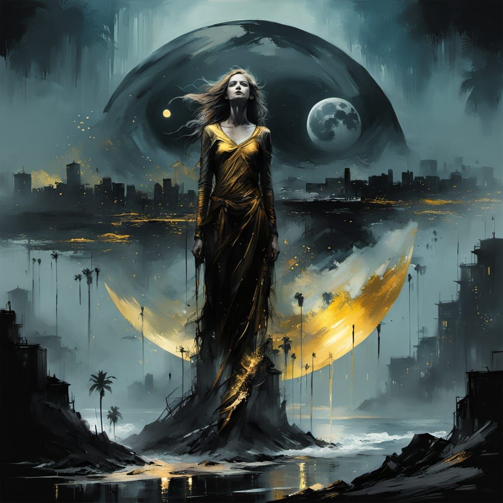 Golden Beach Eclipse with Misty Cityscape