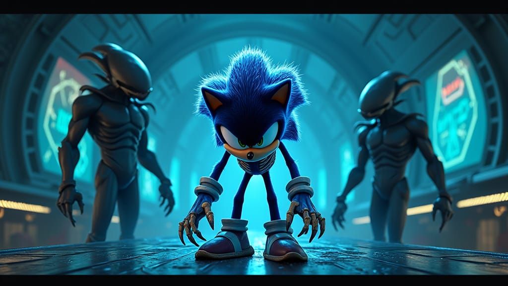 Futuristic Sonic the Hedgehog in Dark Sci-Fi Alien Landscape