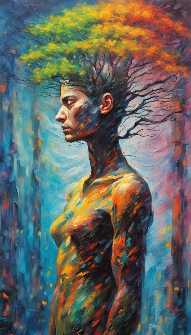 Cyberpunk Tree-Human Fusion in Expressionist Oil Painting