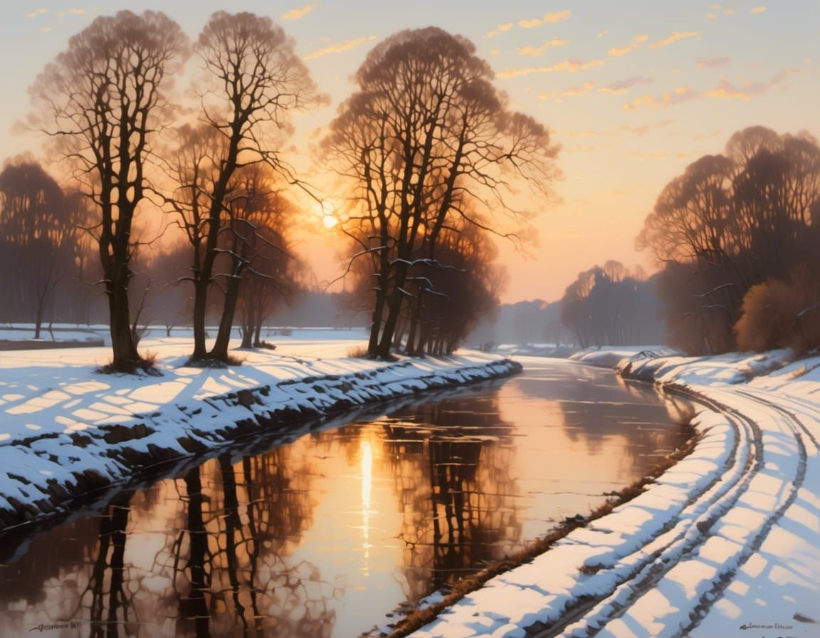 Dutch Style Winter Landscape at Sunrise