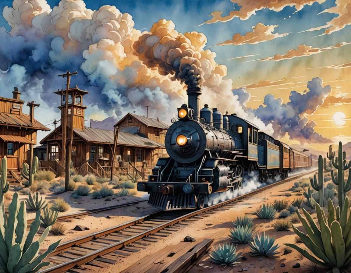 Wild West Train in Watercolor Comic Book Art