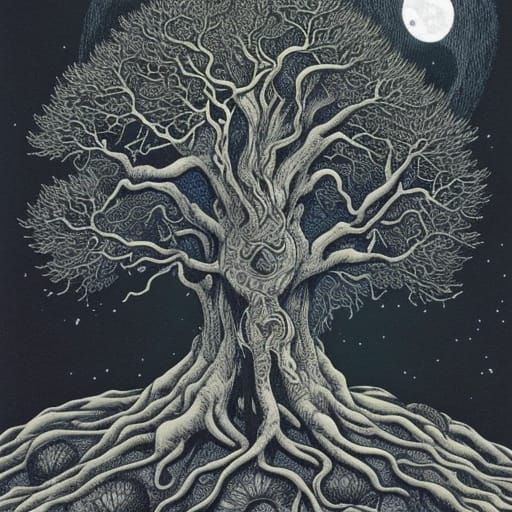 Ancient Tree with Full Moon in Art Nouveau Style