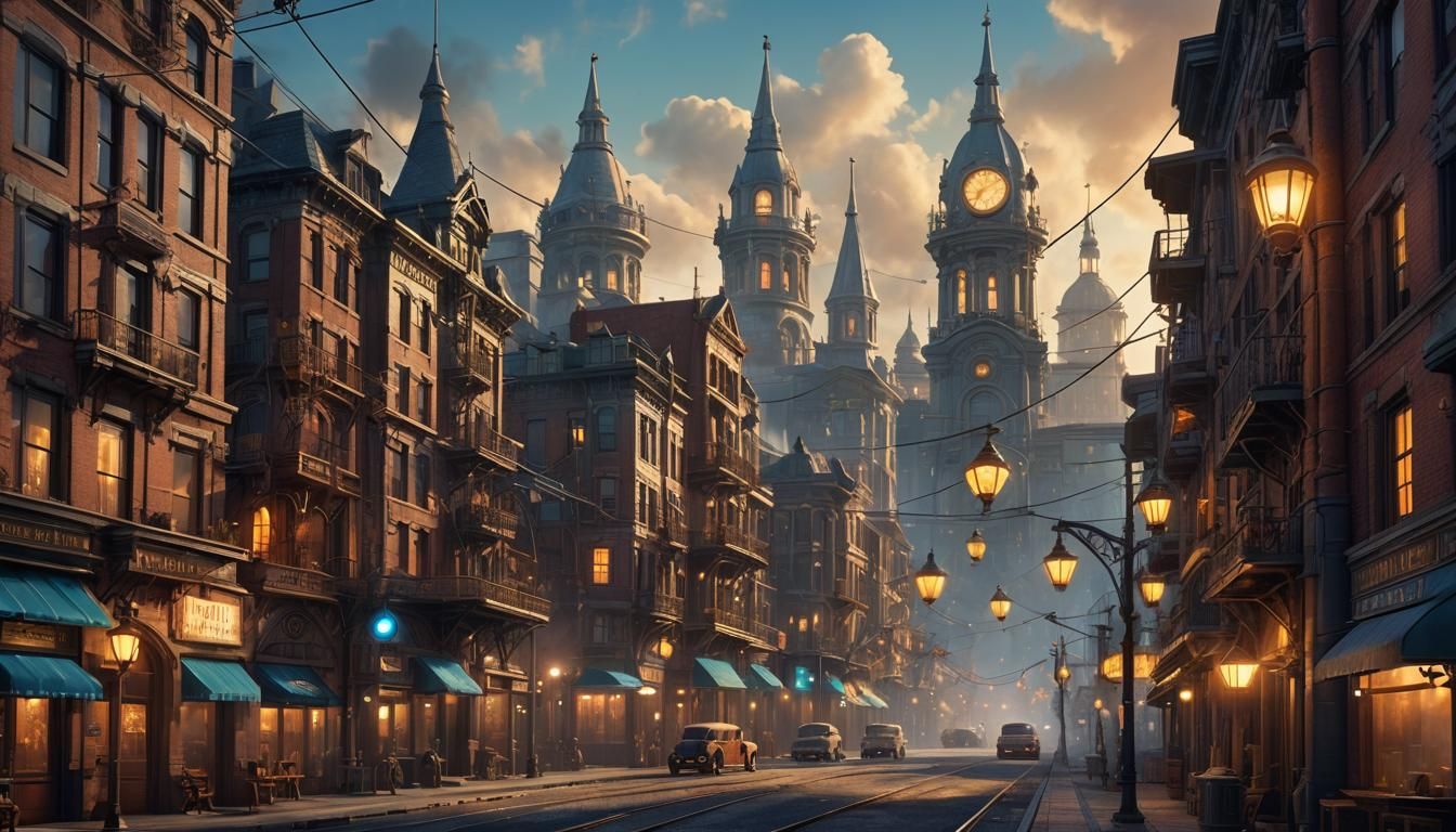 Steampunk City Street with Amber and Neon Lights