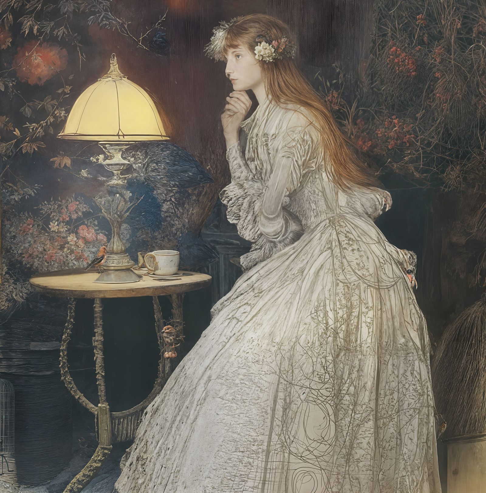 In the butler's absence she was endeavouring to fraternise with his bullfinch,