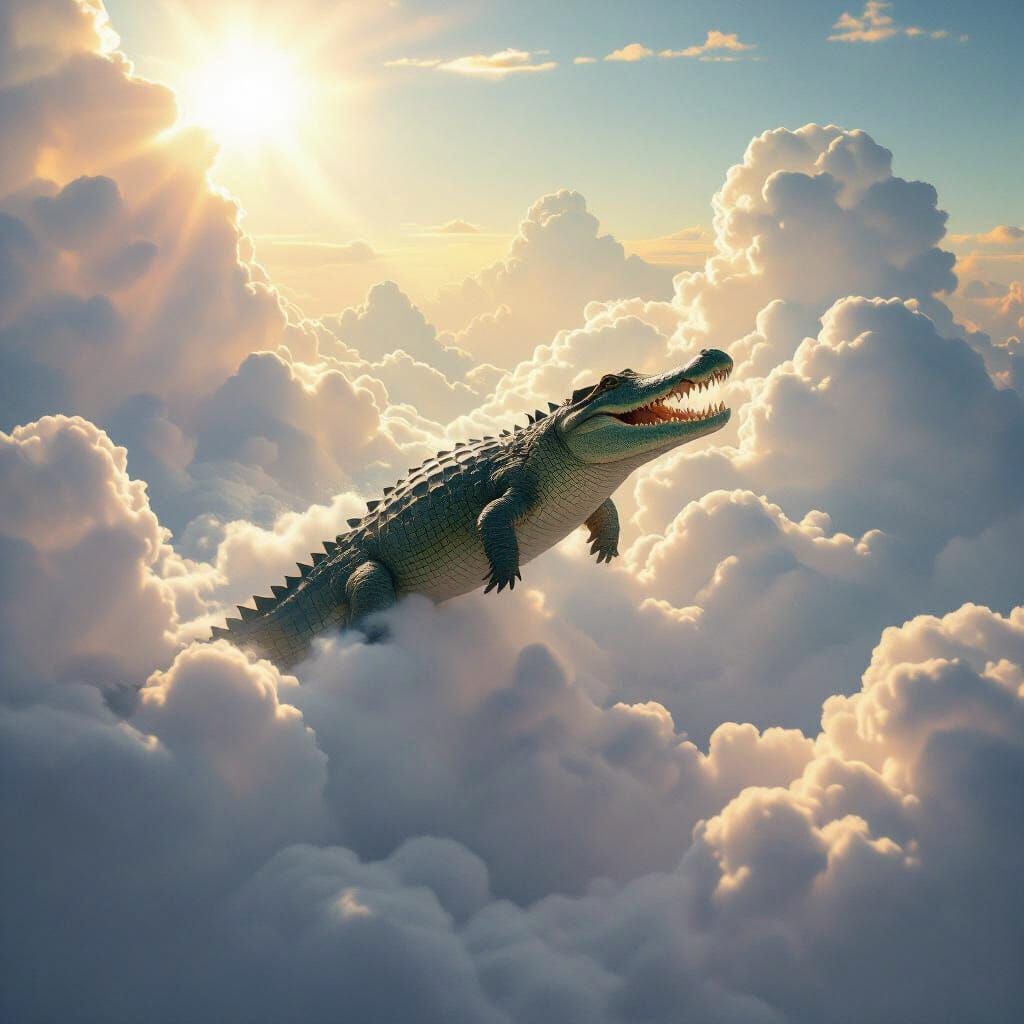 Flying Crocodile Soaring Through Heavenly Clouds