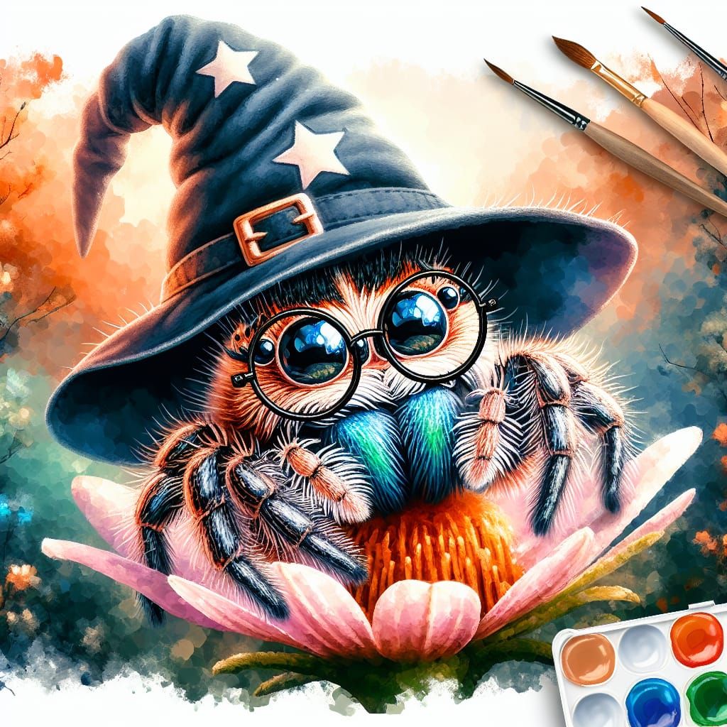 Wizard Spider Sniffs Flower in Enchanted Forest