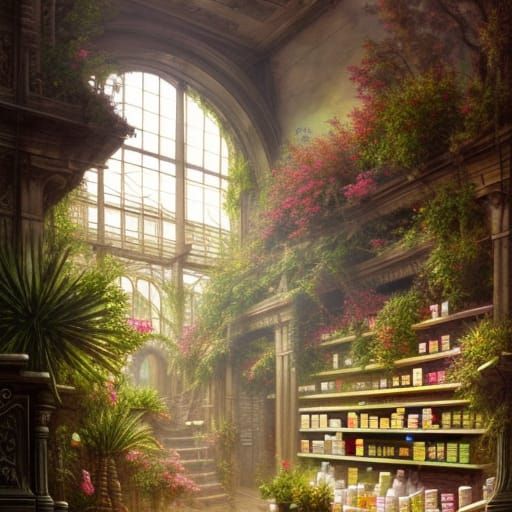 Vintage Pharmacy Full of Plants: Digital Illustration