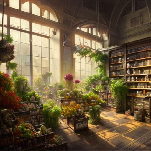 Vintage Pharmacy Overflowing with Plants: Digital Illustrati...