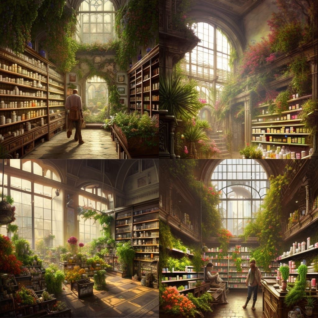 Vintage Pharmacy Full of Plants: Hyper-Realistic Digital Art