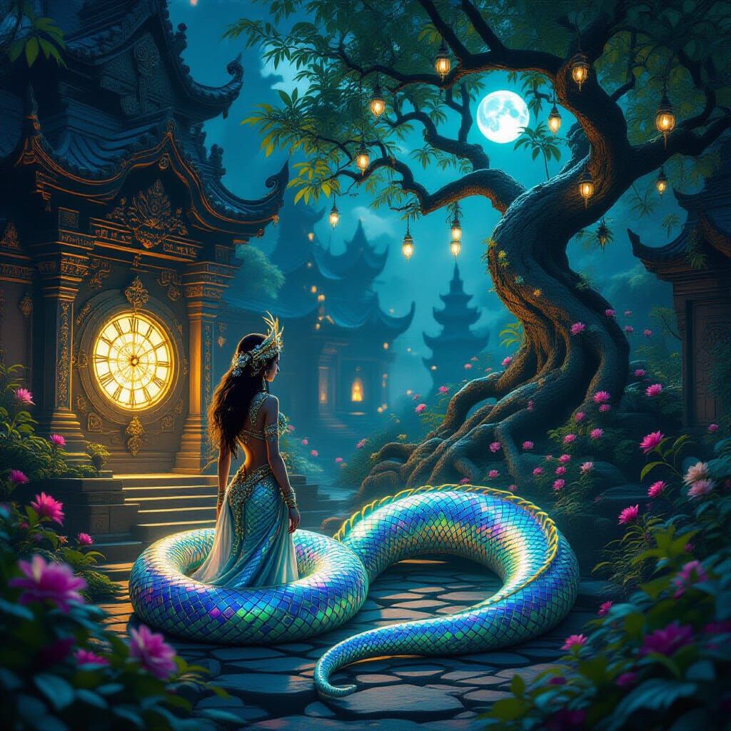 Bioluminescent Clockwork Naga Slithering Around Ancient Temp...