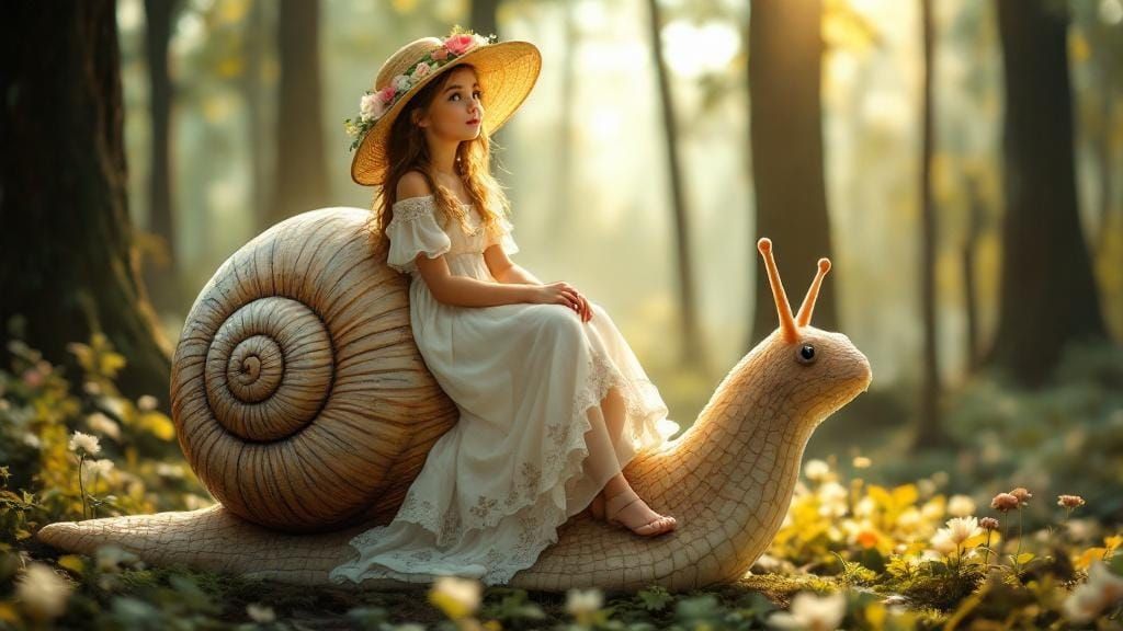 Girl on Snail in Dreamy Forest, Whimsical Illustration