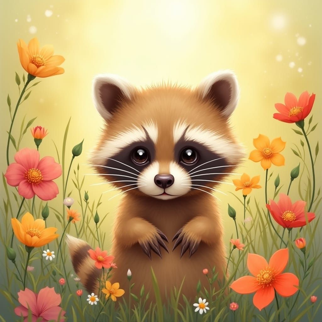 Raccoon Peeking Through Blossoms in Watercolor Style