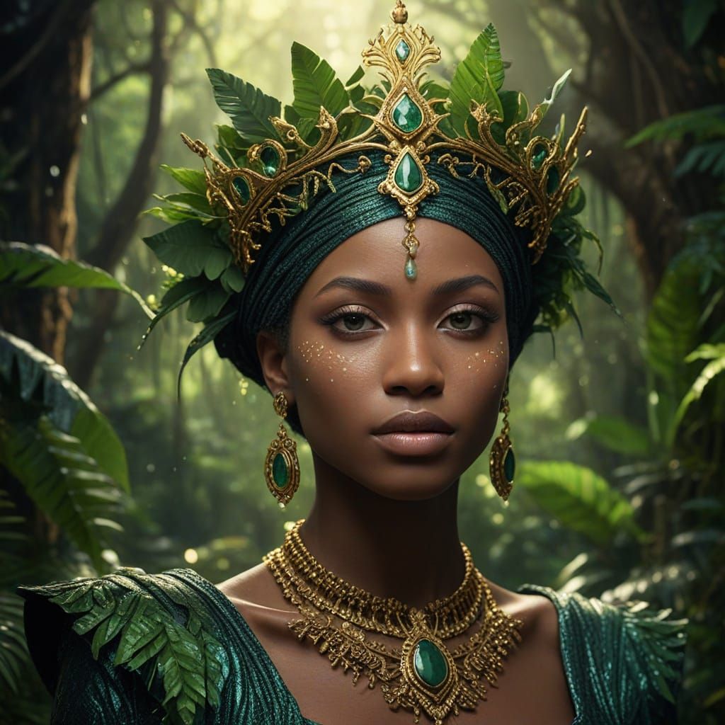 Surreal Fantasy Portrait of African Mother and Child in Lush...