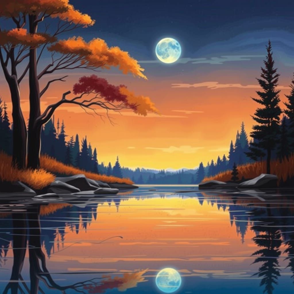 Serene Autumn Landscape at Dawn or Dusk in Soft Blues and Wa...