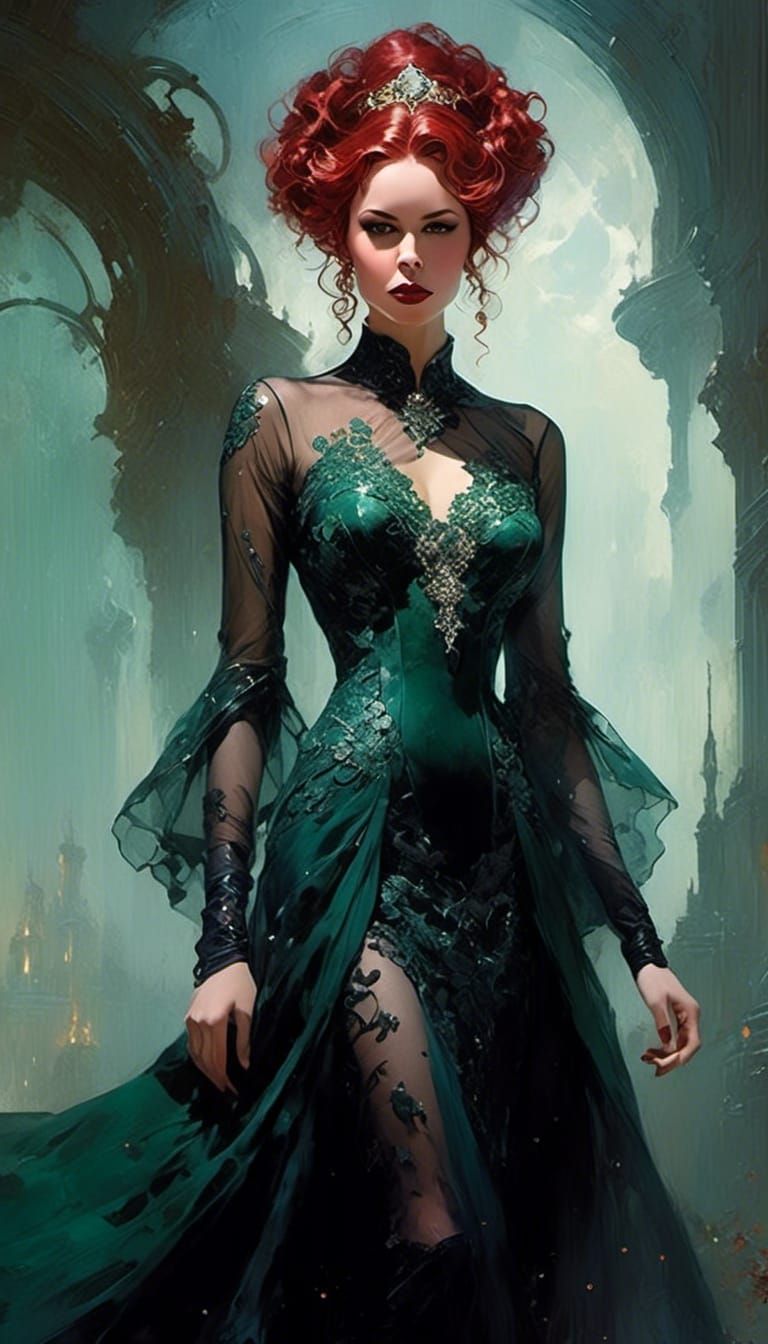 Vampiress Bride in Green Gown, Detailed Matte Painting