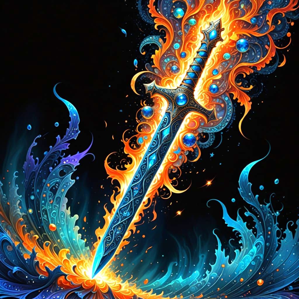 Ethereal Solarpunk Flame Sword with Neon Sapphire Blue Runes