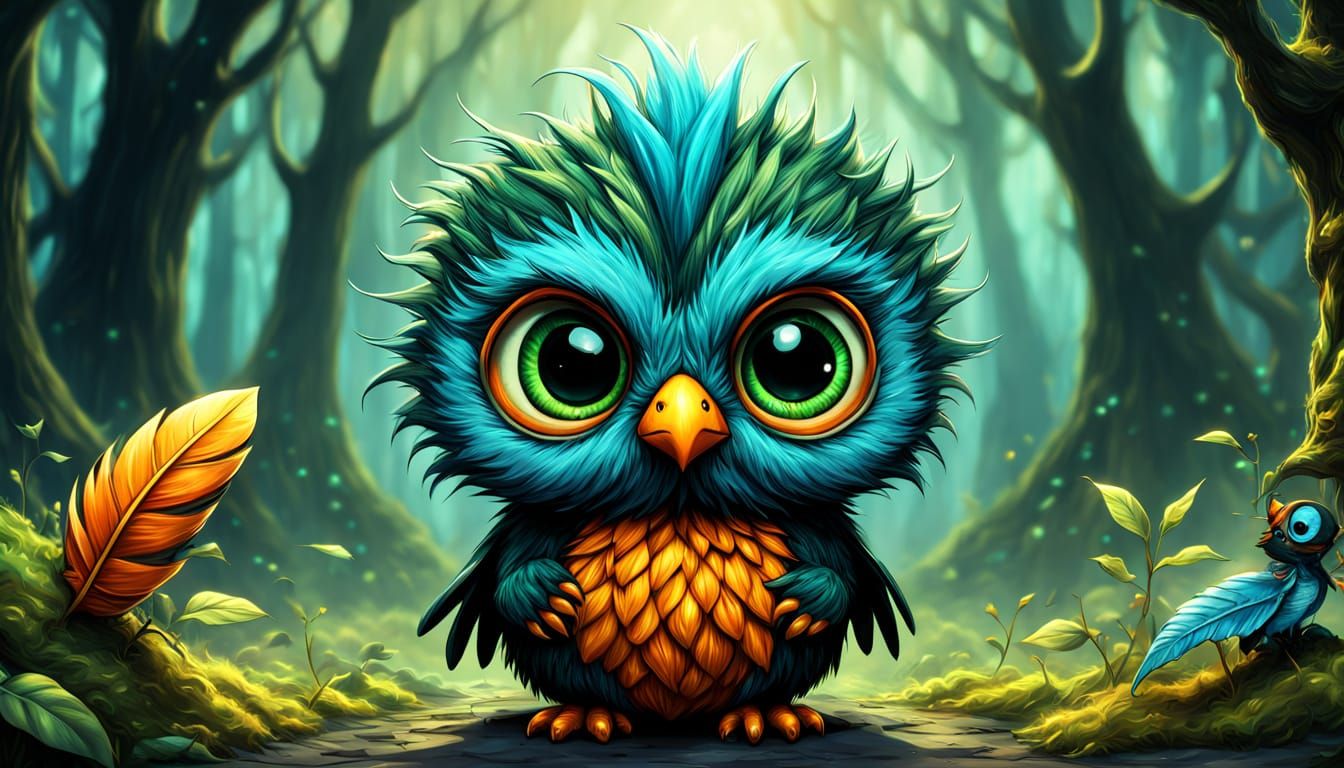 Whimsical Baby Bird in Gothic-Punk Wonderland