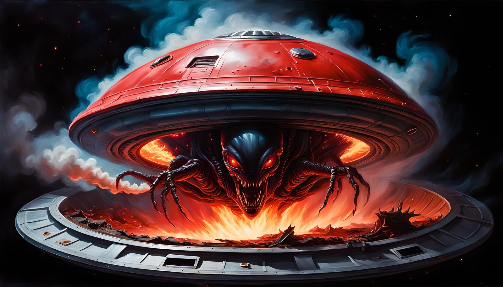 Alien Emergence from Crashed UFO: Photo-Realism Horror