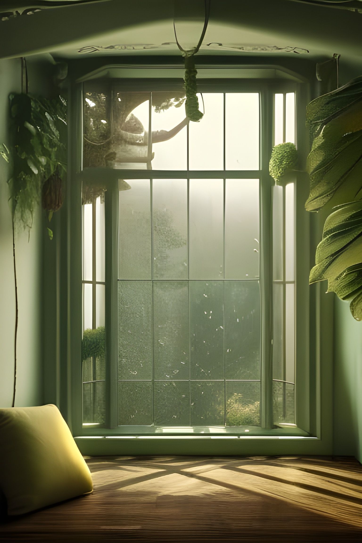 Cozy Window Seat on Rainy Day in Fantasy Art Style