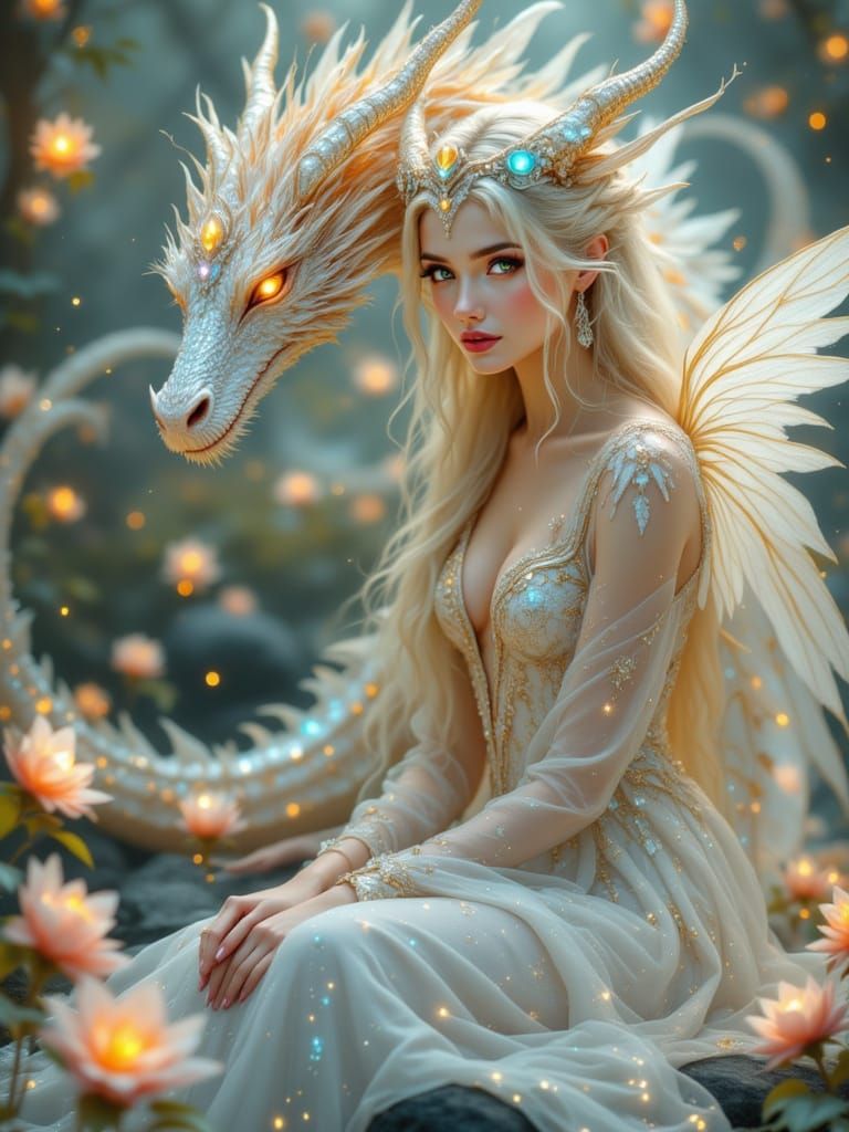 Celestial Dragon and Angel in Ethereal Fantasy Artwork