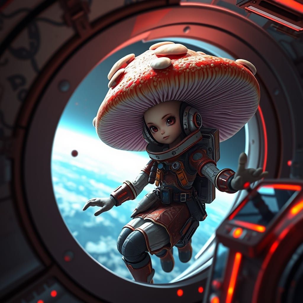 Fantastical Space Captain Shiitake Mushroom in Flight