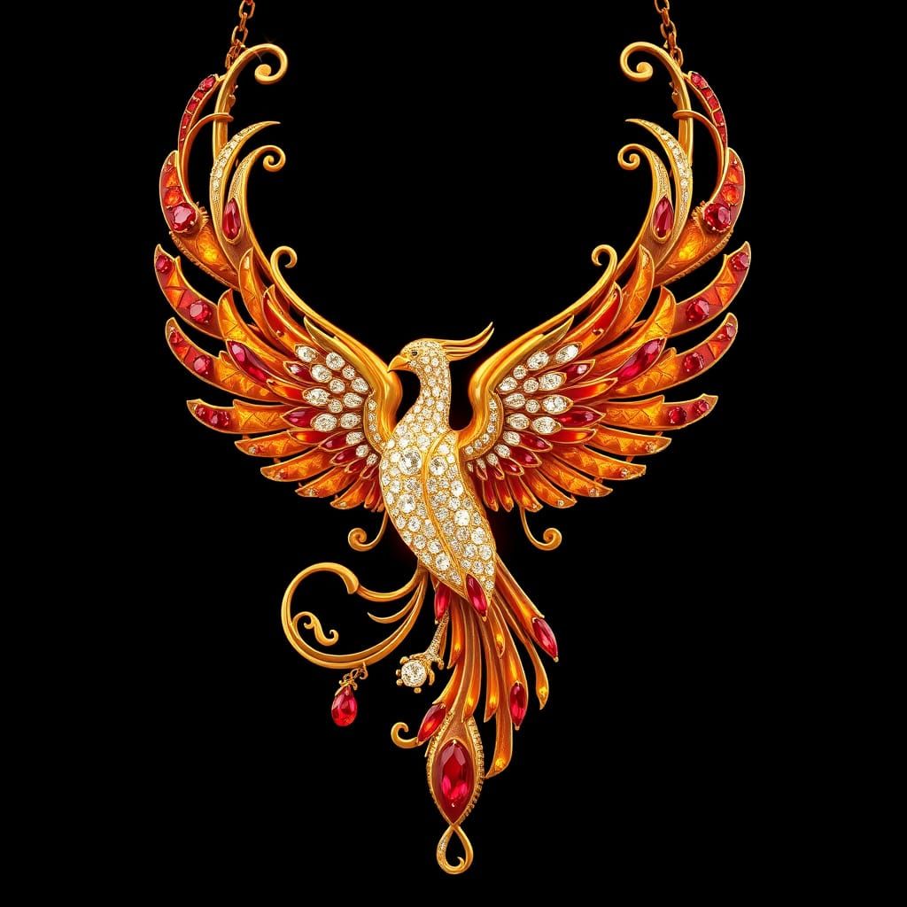 Ornate Gold Necklace in Art Nouveau Style with Phoenix Motif...
