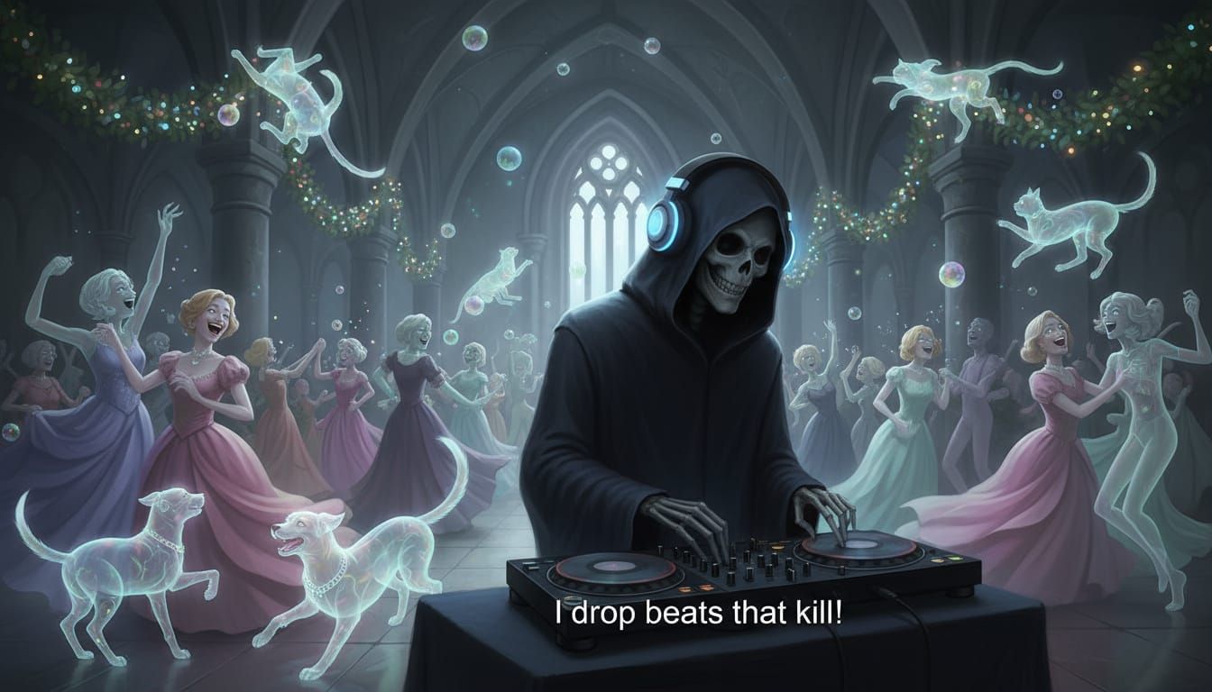 Grim Reaper Spins Tunes at Spectral Christmas Party
