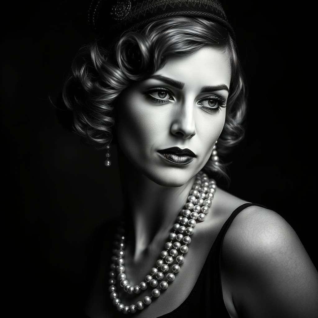 Roaring Twenties Woman in Black and White Portrait